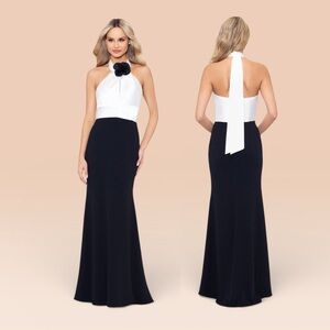 🌻NEW w/tag Betsy & Adam Black White  Flower High Neck Formal Long Gown Dress 4